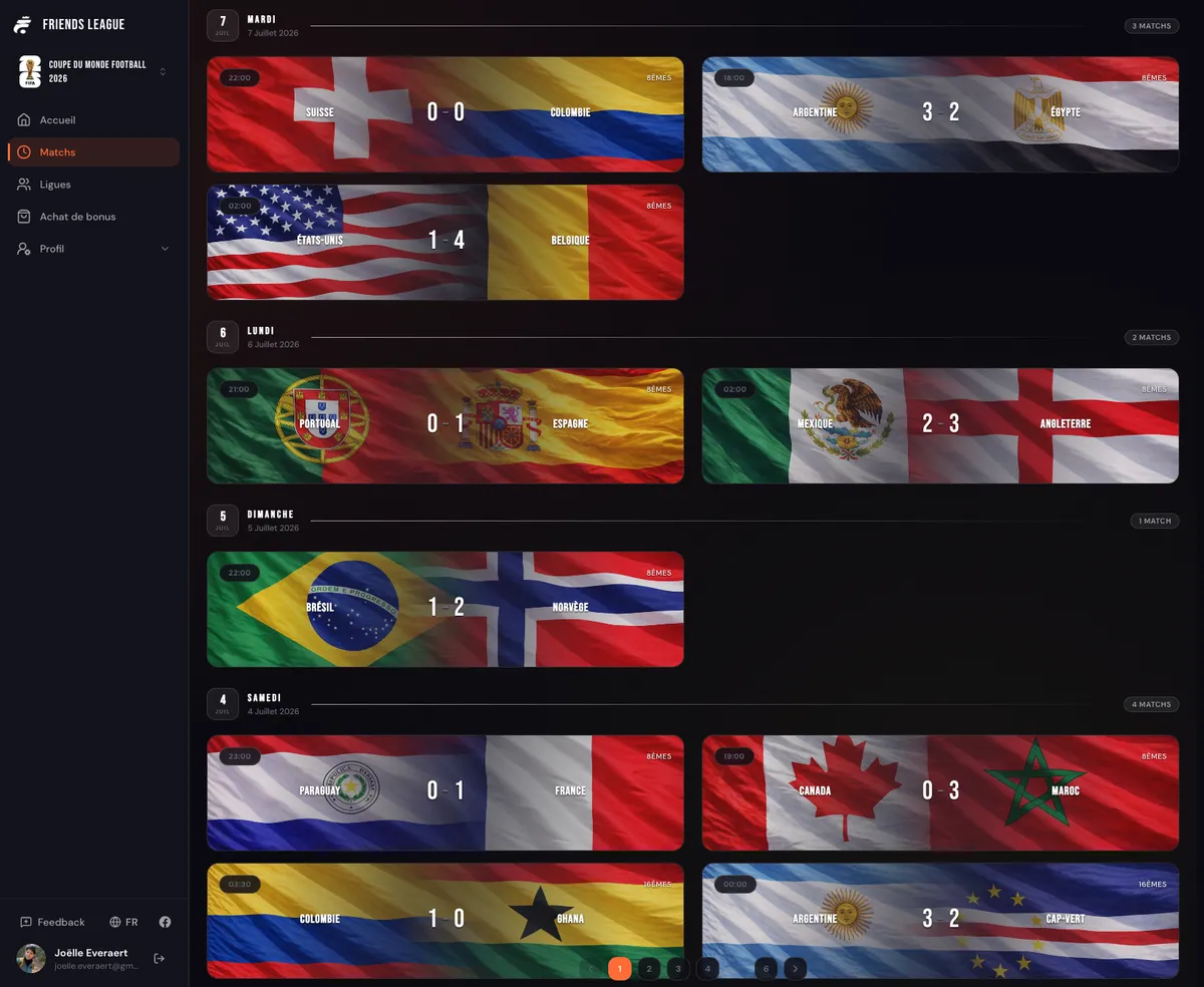 Friends League match list showing World Cup 2026 scores with team flags
